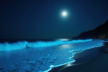A serene beach illuminated by bioluminescent waves under the moonlight