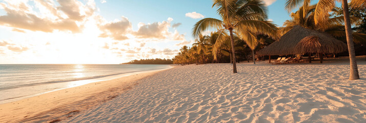 A picturesque tropical beach with swaying palm trees is highlighted by a golden sunset, evoking feelings of tranquility, escape, and serene paradise by the ocean.