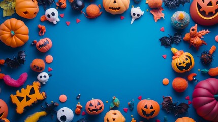 Naklejka premium Bright Halloween Decorations on Blue Background