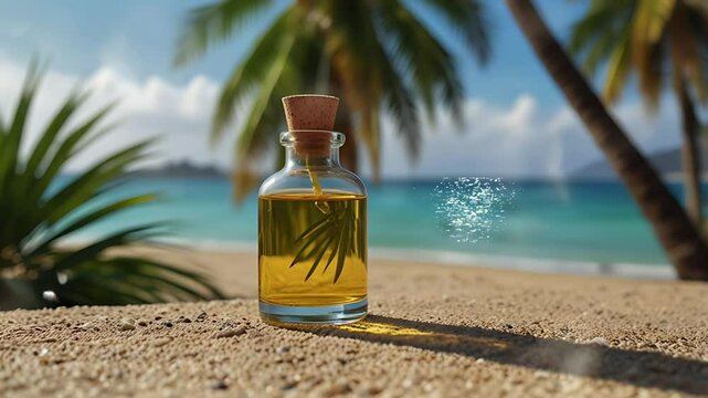 A bottle of olive oil with a beach background. Seamless 4K looping timelapse video animation