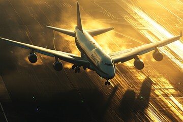 Fototapeta premium A large aircraft approaches for landing at sunset, creating a dramatic silhouette.