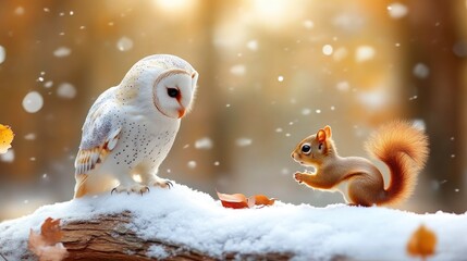 Obraz premium Baby Squirrel Seeking Warmth from Snow-Covered Owl