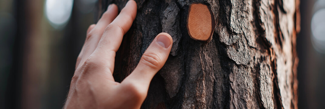 A hand gently touches the rough, textured bark of a tree, conveying a connection to nature and the tangible feeling of the natural environment.