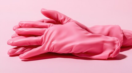 Pair of pink rubber gloves on a pink surface