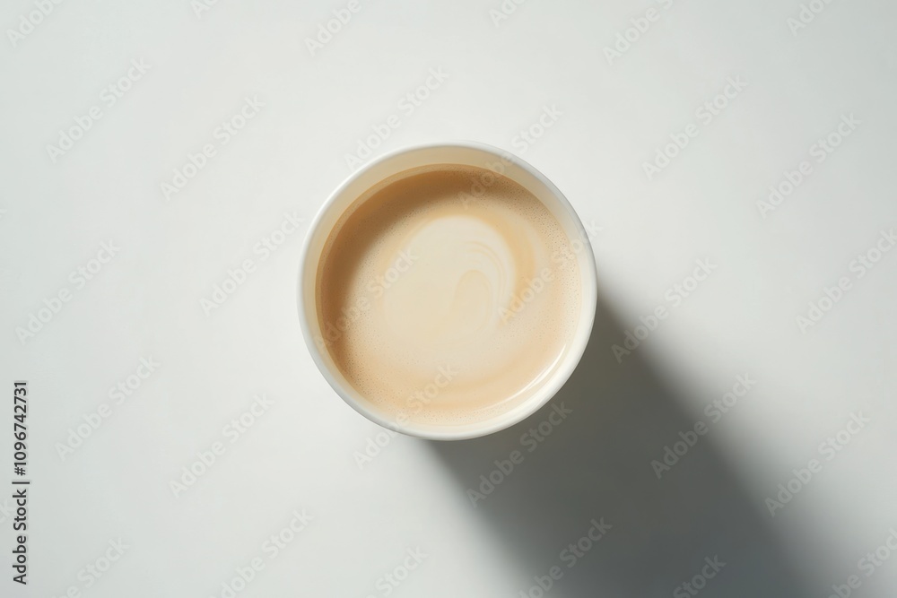 Poster a top view of a cup filled with light-colored liquid on a plain background.
