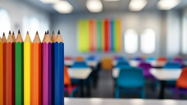 Colorful pencils transitioning with blurred classroom background