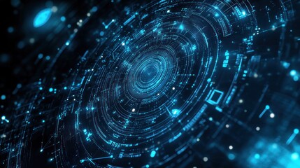 Obraz premium Abstract swirling blue digital technology HUD interface background.