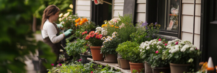 A florist meticulously arranges an array of vibrant blooms in rustic clay pots outside a charming shop, blending nature’s beauty with artistic creativity.