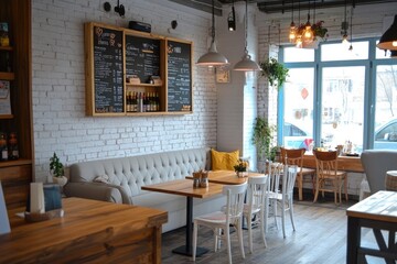 Cozy Cafe Interior Design with Wooden Furniture and White Decor