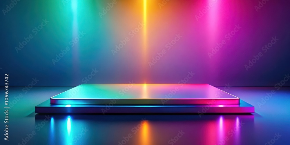 Aufkleber A reflective platform bathed in a vibrant array of colorful neon lights, creating a futuristic and eye-catching display