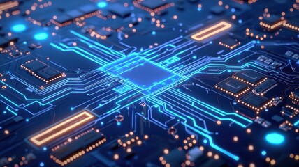 A vibrant close-up of a circuit board showcasing intricate connections and glowing blue circuits.