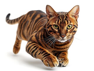 Playful Bengal cat jumping over a hurdle on a plain white surface 