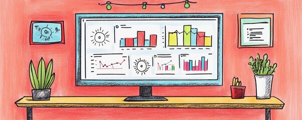 A colorful illustration of a computer displaying various data charts and graphs.