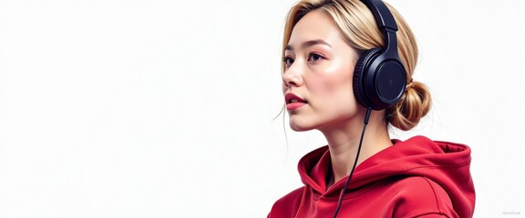 A woman wearing headphones and a red hoodie. Concept of relaxation and comfort, as the woman is listening to music while wearing a cozy hoodie