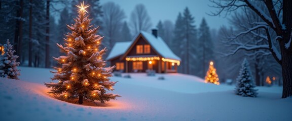 A Christmas tree is lit up in front of a house. The house is surrounded by trees and snow. The scene is peaceful and serene, evoking a sense of warmth and holiday cheer