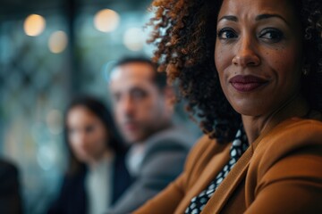 Obraz premium A woman speaking to a group of people, possibly at a meeting or presentation