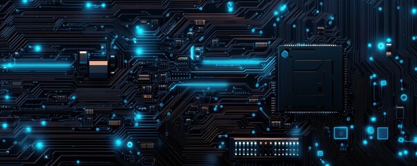 Fototapeta premium A close-up view of a circuit board featuring blue lights and intricate designs, showcasing technology and electronic components.