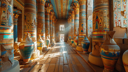 A grand hall filled with ancient Egyptian vases, golden ornaments, and tall sandstone pillars decorated with hieroglyphs and lotus motifs, illuminated by sunlight streaming through arched windows.