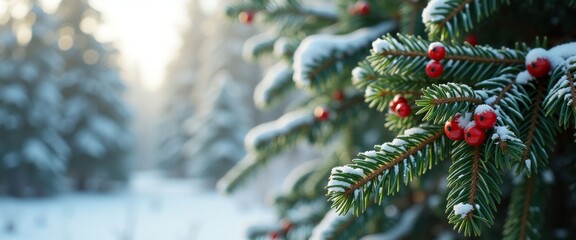 A Christmas tree with red berries on it. The tree is surrounded by snow and the sky is blue