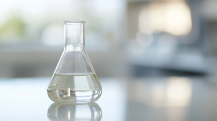 Laboratory Flask with Clear Liquid on Table