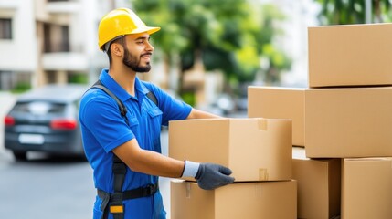 Delivery worker organizing parcels on curbside for efficient delivery