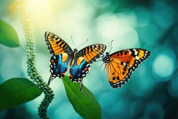 Obraz premium Two butterflies sit on a green plant, capturing the beauty of nature