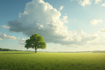 Obraz premium A single tree in a wide open field with dramatic clouds overhead