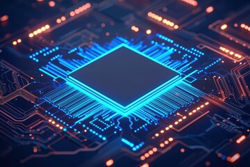 A glowing microchip on a circuit board, showcasing intricate details with blue and orange lighting effects, representing advanced technology.