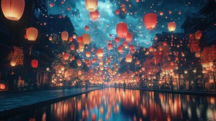 Night cityscape with numerous sky lanterns floating over a canal, reflecting on the water's surface.