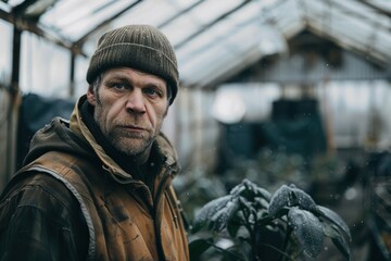 Obraz premium Gardener in protective gear working in a frozen winter garden
