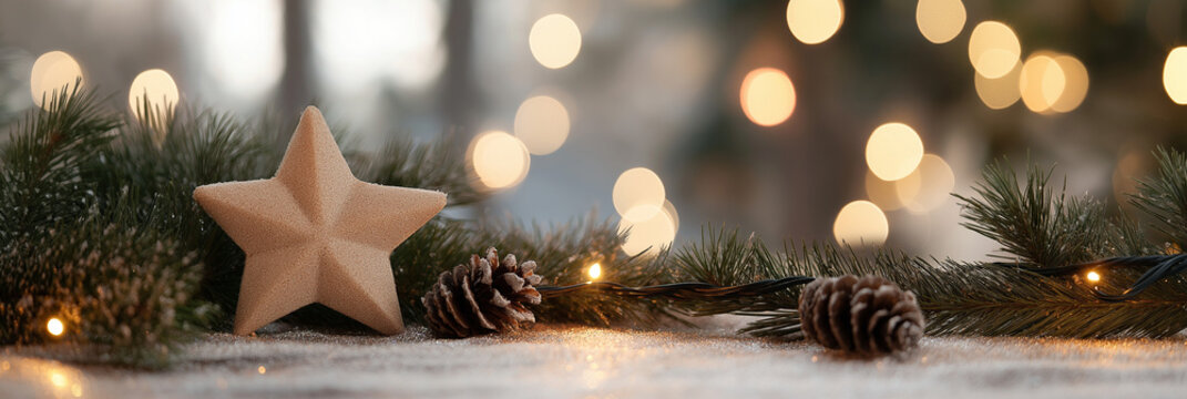 A serene holiday-themed image featuring an elegant star and pine cones amidst twinkling warm lights, evoking a cozy and festive atmosphere in soft bokeh. - Powered by Adobe