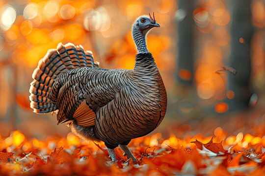 A pardoned turkey walking freely in a lush, peaceful sanctuary, surrounded by vibrant autumn foliage, symbolizing its new life after the Thanksgiving presidential ceremony.