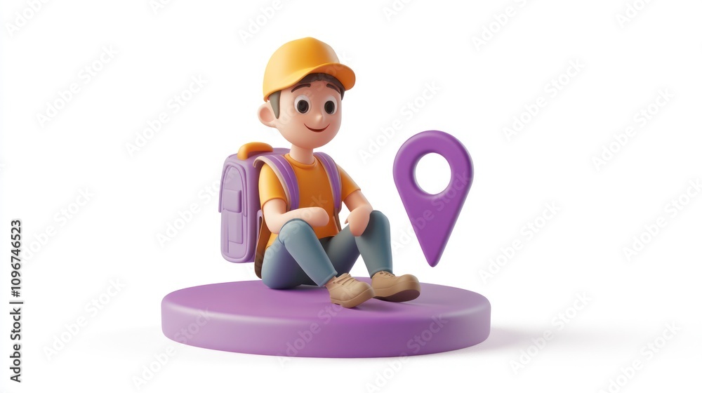 Poster a 3d character with a backpack and a location pin, symbolizing travel or exploration.