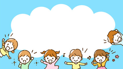 Line drawing illustration of cute girls and boys jumping cheerfully.