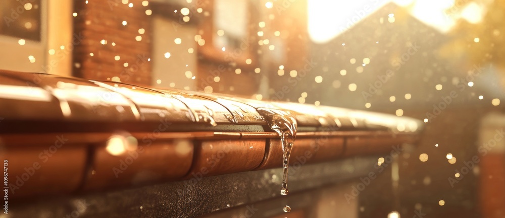 Poster a close-up of rainwater dripping from a rooftop in warm sunlight, creating a serene atmosphere.