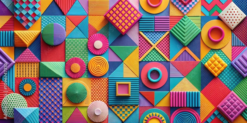 Aufkleber A vibrant abstract composition featuring a multitude of geometric shapes, each adorned with unique textures and patterns, creating a dazzling visual feast.