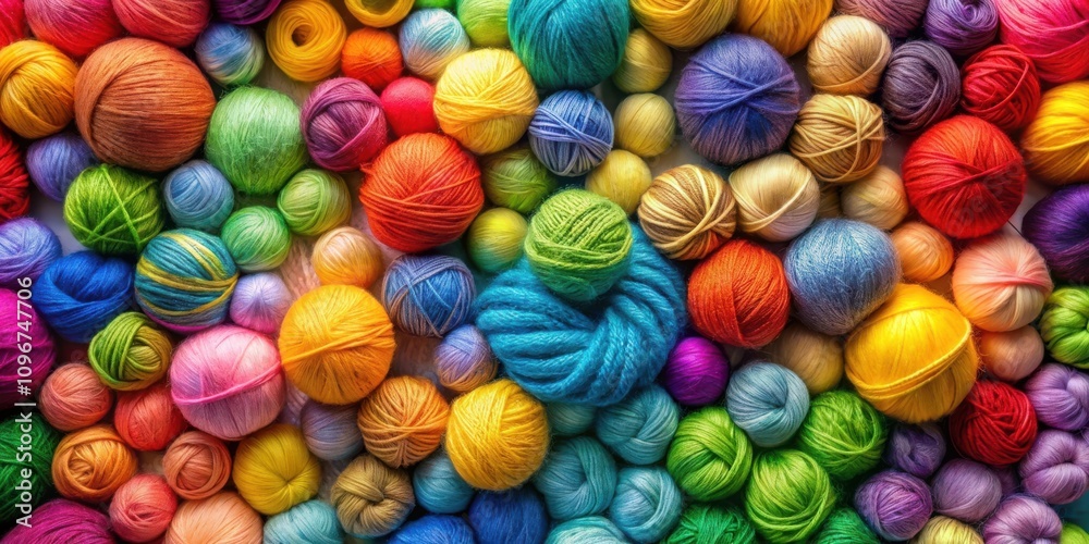 Poster a colorful collection of yarn balls, each a unique hue, creating a vibrant and textural tapestry
