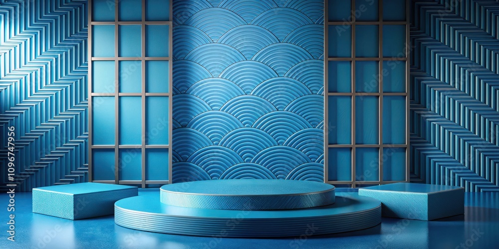 Fototapete Abstract Minimalist Blue Geometric Display with a Modern Design Featuring a Circular Platform and Rectangular Blocks