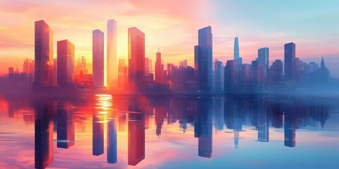 Obraz premium Smart City Sunrise: Futuristic Skyline Silhouettes on Blue Geometric Background