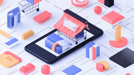 Fototapeta premium A cell phone screen shows a shopping cart with a red