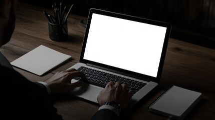 Person working on laptop with blank screen, in dimly lit office.