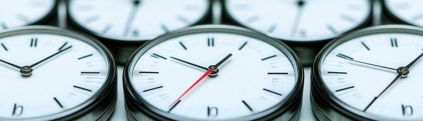 A close-up view of multiple clocks showing different times, representing time management and efficiency in business.