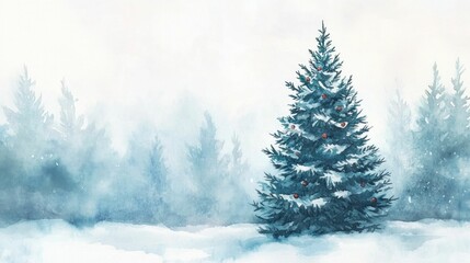 Obraz premium Winter scene with a decorated Christmas tree in a snowy landscape, surrounded by soft, misty forests in shades of blue and white, creating a serene holiday atmosphere