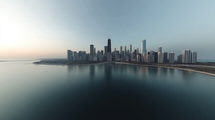 Obraz premium Cityscape of Chicago: Aerial Drone View of Skyscrapers, Lake Michigan, and Modern Architecture