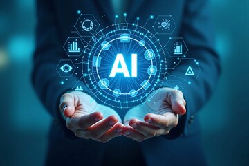 Artificial Intelligence Technology and Analytics Visualized as Data Interfaces Floating Above Hands in a Digital Blue Environment