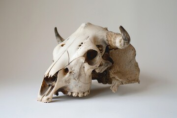 A close-up shot of a bull's skull with its distinctive horns, set against a white background