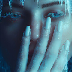 Beautiful Woman's Face Sculpted from Ice with Icicles Hanging Down