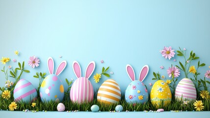 Fototapeta premium Easter Eggs with Bunny Ears on Blue Background