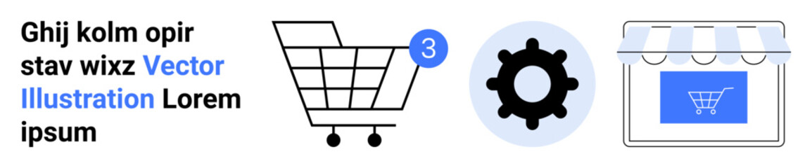 Shopping cart with item count, gearcogwheel icon, storefront icon. Ideal for e-commerce, online shopping, digital marketing, website management, business optimization, customer service, technology