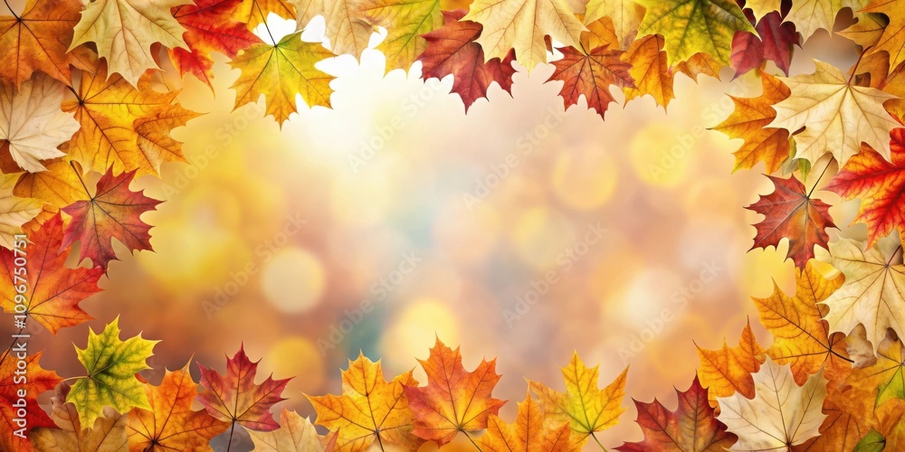 Poster autumn leaves frame a blurred background of golden hues, symbolizing the transition from summer's vi
